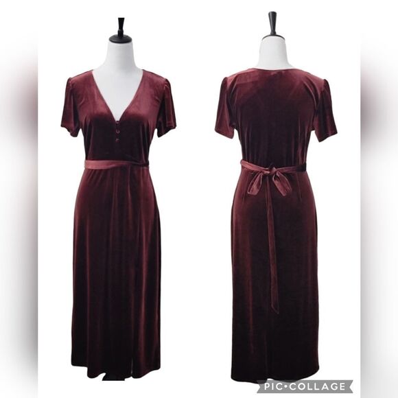Sanctuary Airy Night Slit Midi Dress Dark Dusty Red Velvet Belted HOCO Size S - Picture 4 of 16